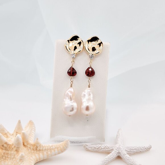 Baroque Pearl & Garnet Earrings, 14K Gold Filled CZ Hammered Studs - Picture 5 of 9